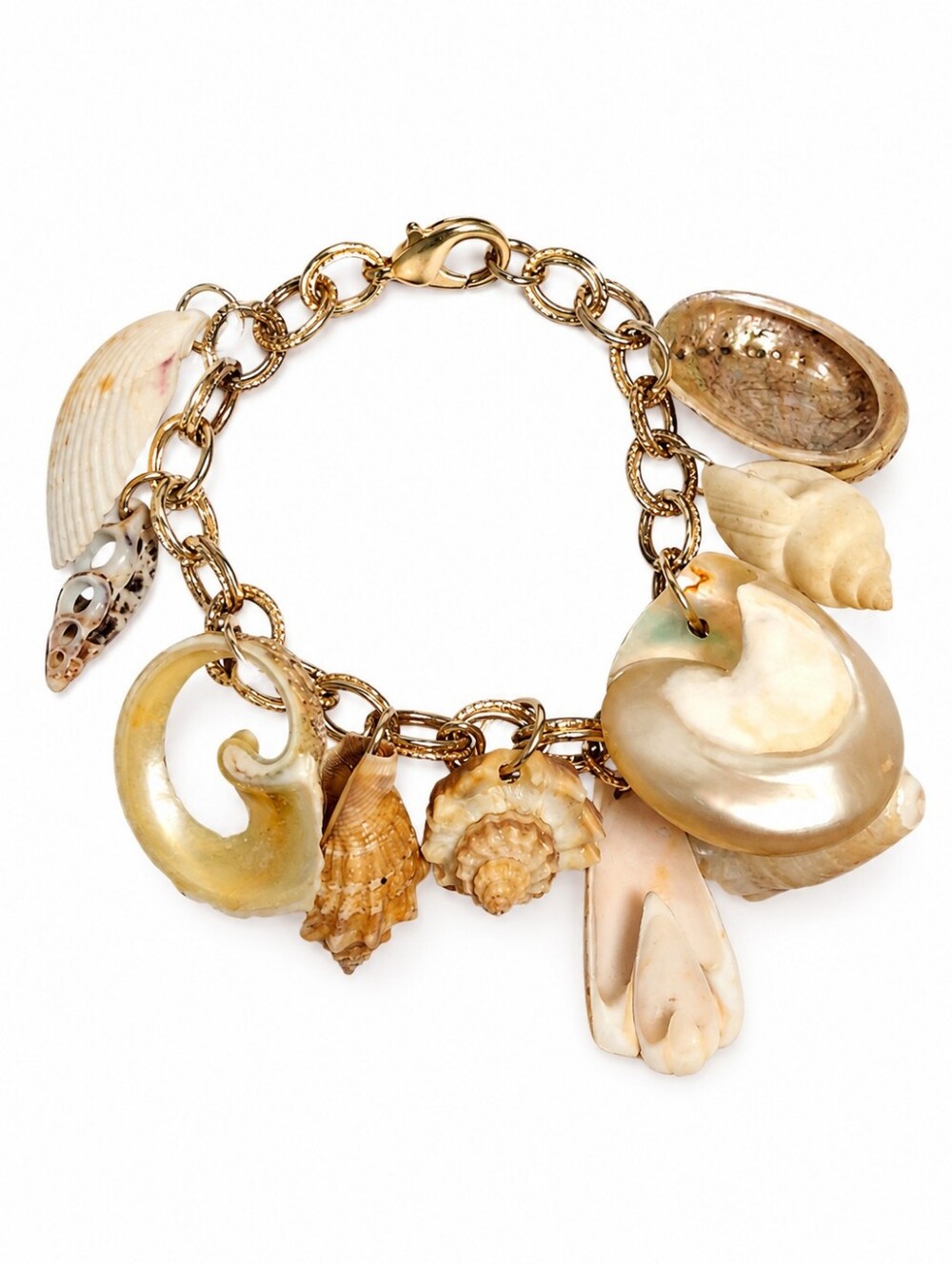 Vintage Seashell Charm Bracelet Gold Tone Coastal Resort Statement Jewelry